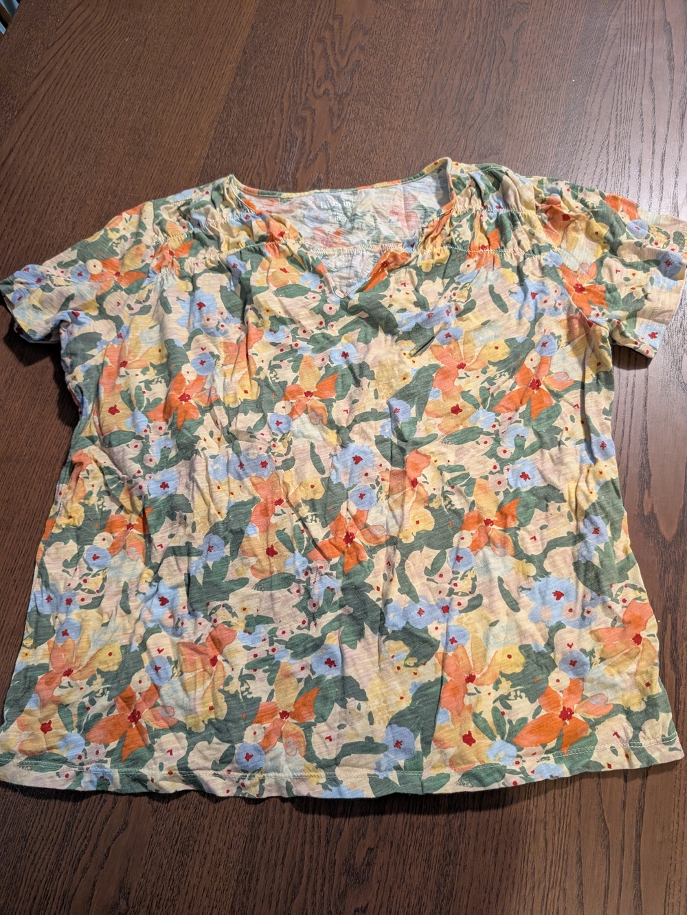 L.L. Bean Floral V-Neck Short Sleeve Tee - Green, Orange, Blue, Yellow